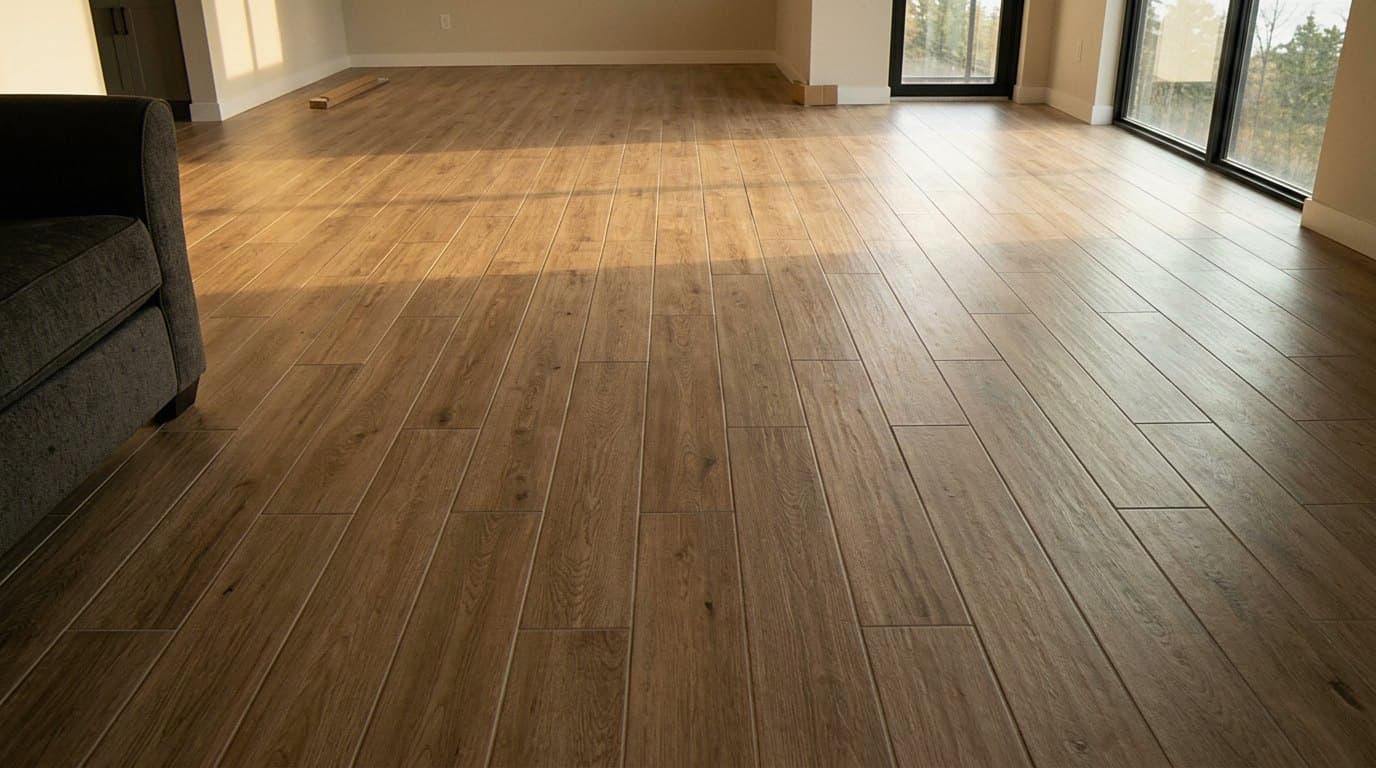 Sunlit wood-look tile floor in an empty room