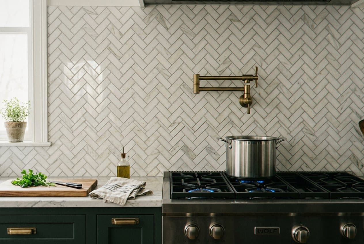 Herringbone marble backsplash behind range with pot filler